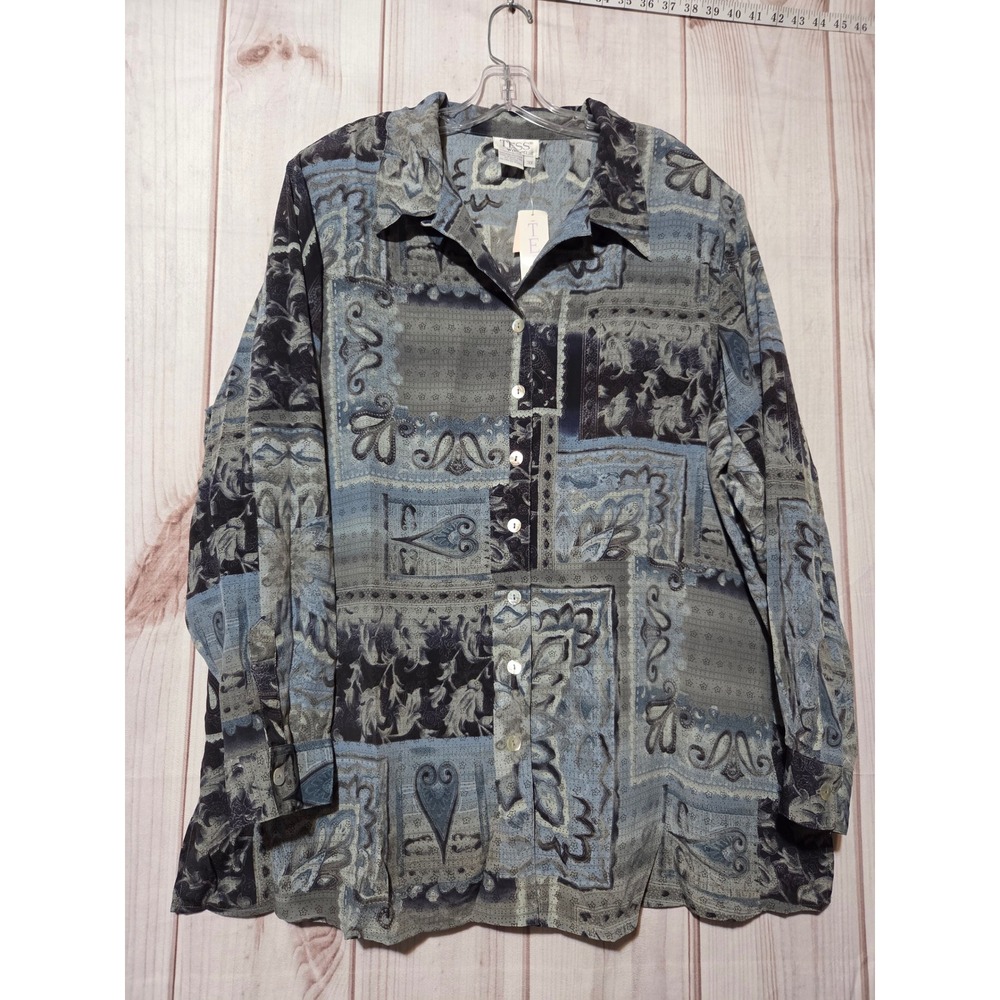 Tess Women Blue Jazz Paisley Patchwork Long Sleeve Button Up Shirt 3X‎